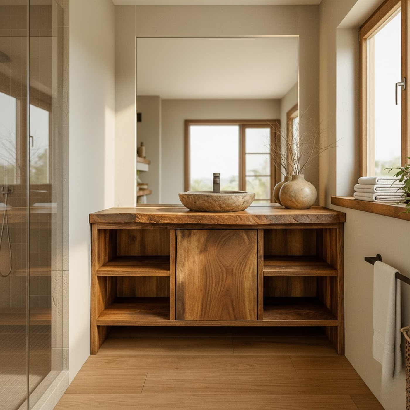 Handcrafted Solid Wood Bathroom Vanity with Central Sliding Door & Open Storage Shelves Kitchnce
