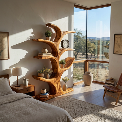 Modern Wood Bookshelf Sculptural Curved Design For Living Room Kitchnce