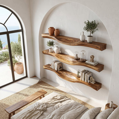 Rustic Solid Wood Wall-Mounted Shelf with Live Edge Design