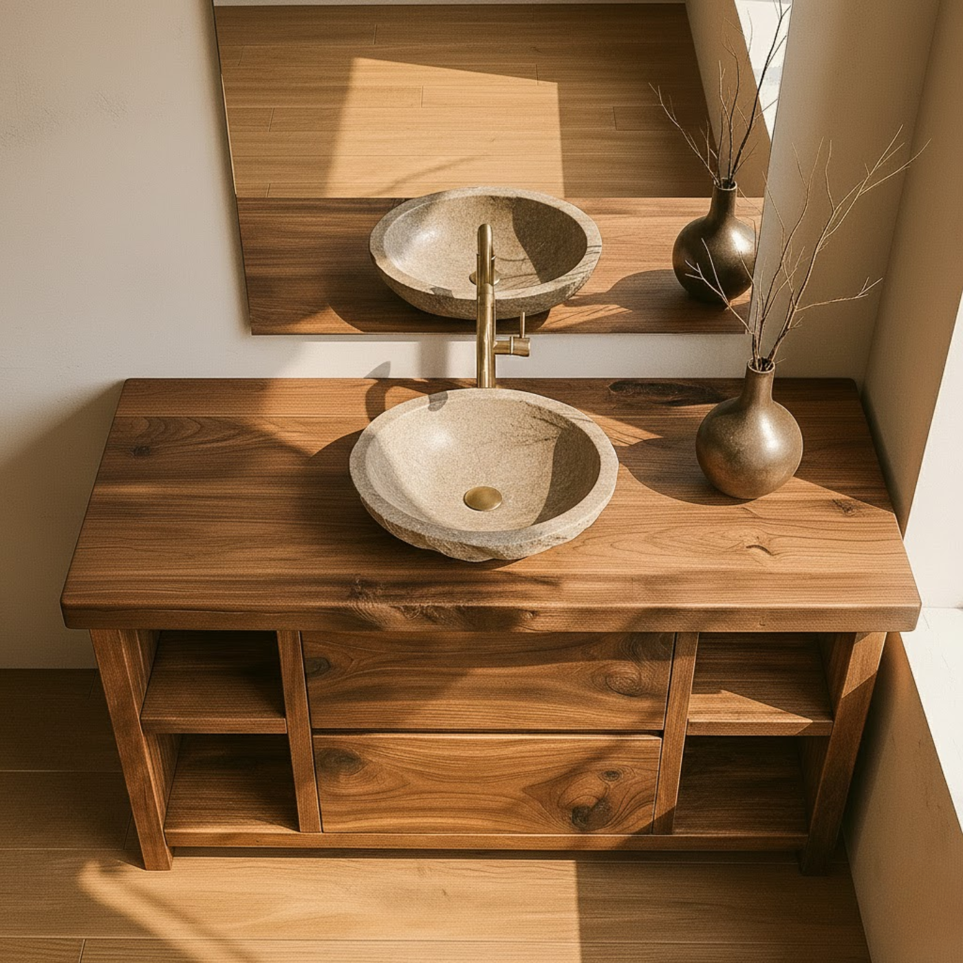 Handcrafted Solid Wood Bathroom Vanity with Live Edge Top and Curved Drawer Design Kitchnce