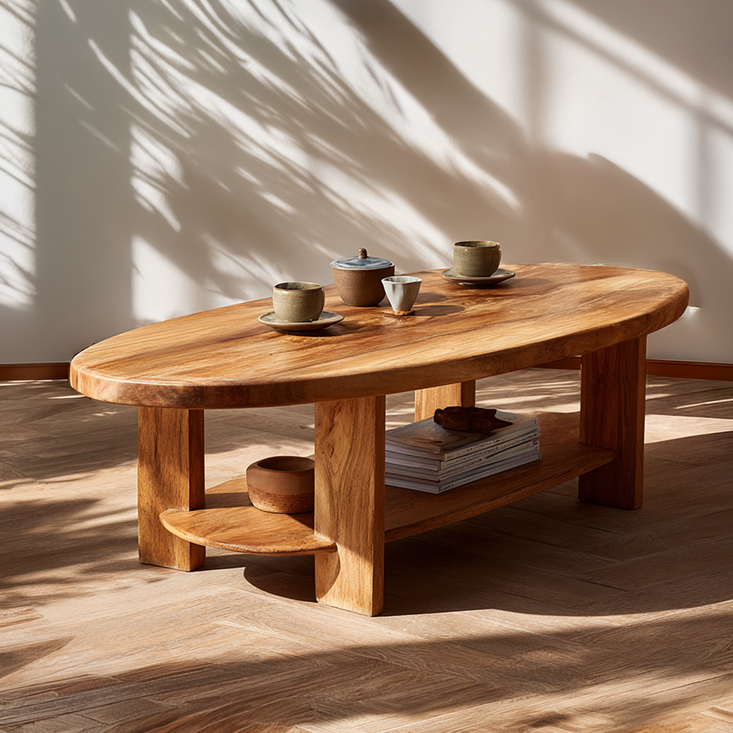 Oval Solid Wood Coffee Table with Open Shelf Storage