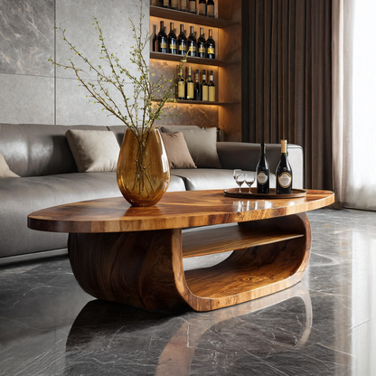 Organic Oval Coffee Table with Sculpted Loop Base and Shelf