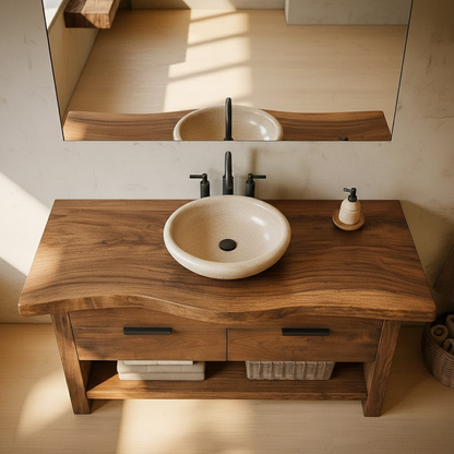 Handcrafted Solid Wood Bathroom Vanity with Live Edge Top and Open Storage Shelf Kitchnce