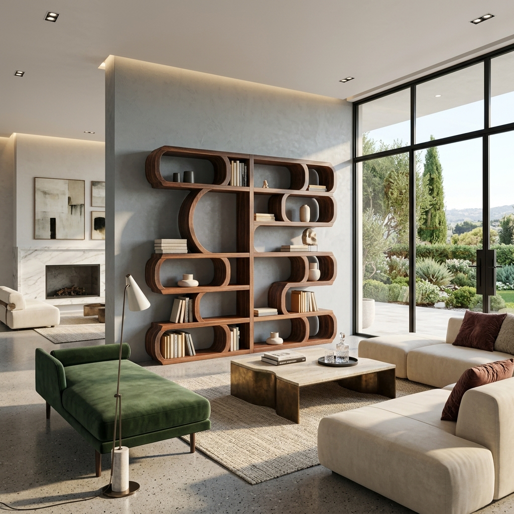 Modern Sculptural Bookshelf With Symmetrical Curves For Living Room Or Office Kitchnce