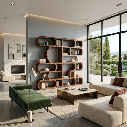 Modern Sculptural Bookshelf With Symmetrical Curves For Living Room Or Office Kitchnce
