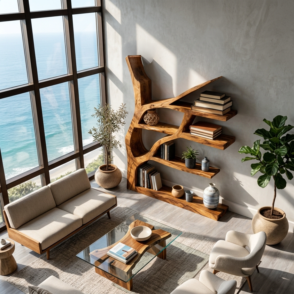 Contemporary Wooden Bookshelf Sculptural Shape For Living Room Kitchnce