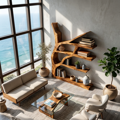 Contemporary Wooden Bookshelf Sculptural Shape For Living Room Kitchnce