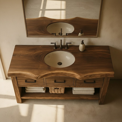 Handcrafted Solid Wood Bathroom Vanity with Live Edge Top, Triple Drawers & Open Storage Shelf Kitchnce