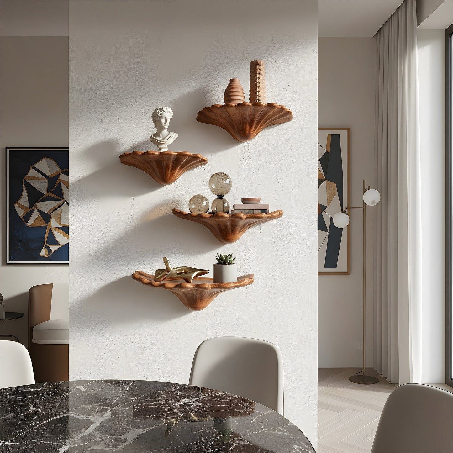 Sculptural Floating Wall Shelf Trio in Natural Wood with Organic Form
