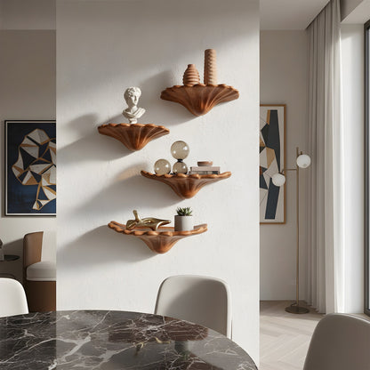 Sculptural Floating Wall Shelf Trio in Natural Wood with Organic Form