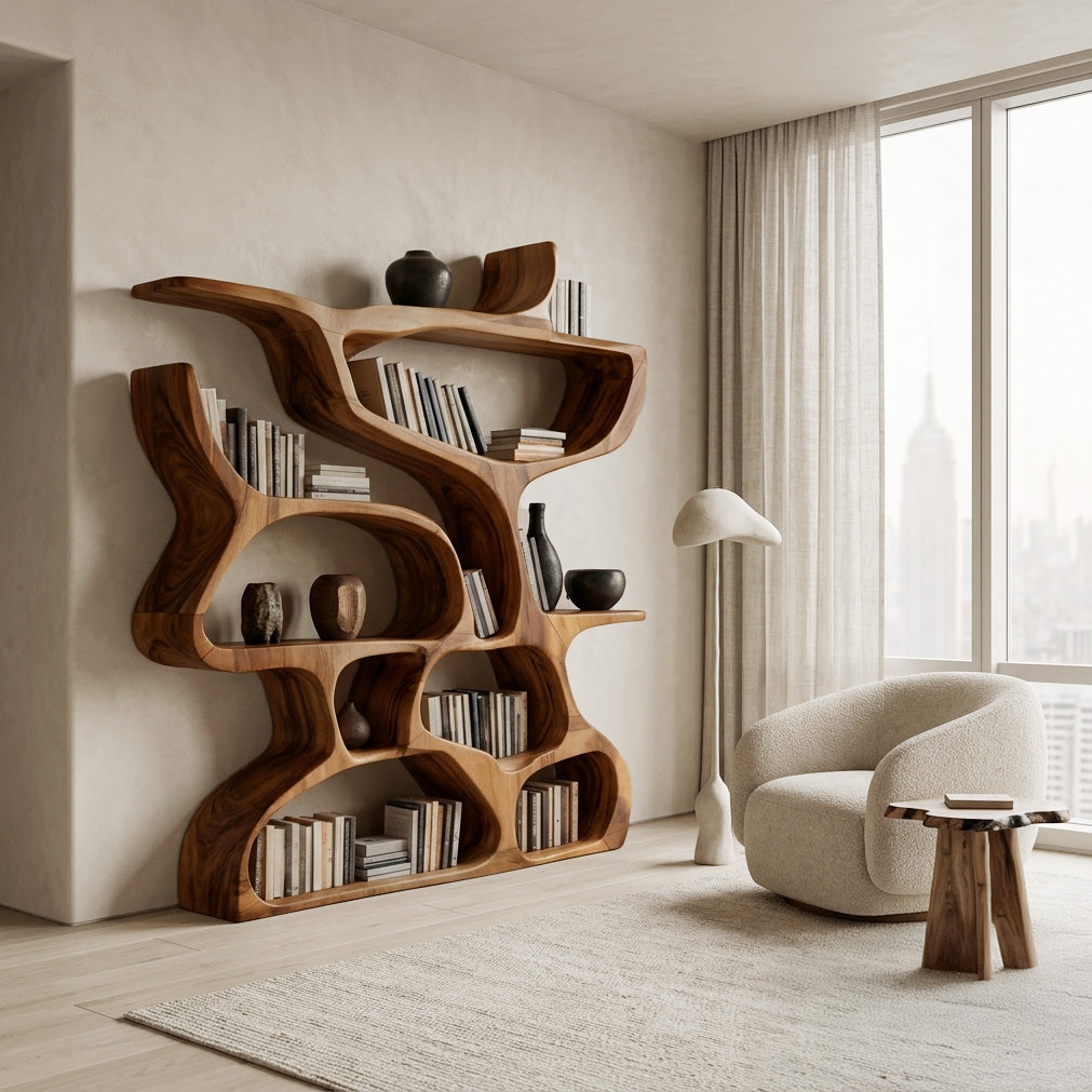 Modern Bookshelf With Organic Carved Design For Living Room Or Office Kitchnce