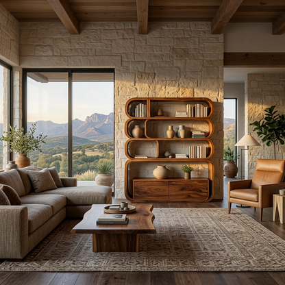 Modern Natural Wood Bookshelf With Curved Structure For Living Room Kitchnce