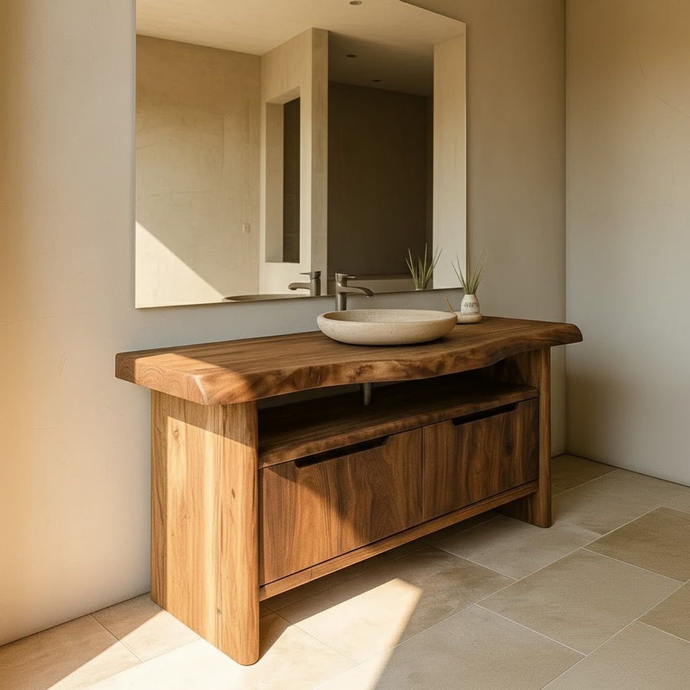 Handcrafted Solid Wood Bathroom Vanity with Live-Edge Walnut Top & Soft-Close Doors Kitchnce