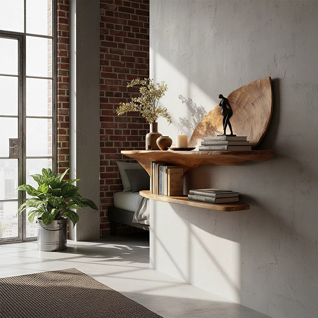 Two-Tier Sculptural Wall Shelf in Natural Wood with Organic Form