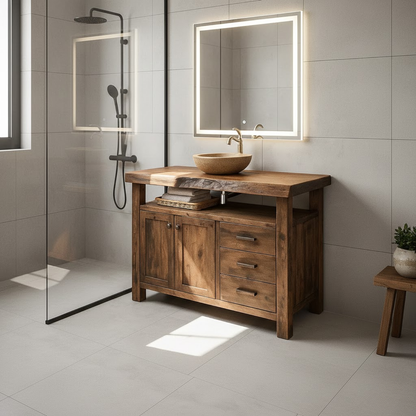 Rustic Solid Wood Bathroom Vanity with Double Door Cabinet and Three Drawers