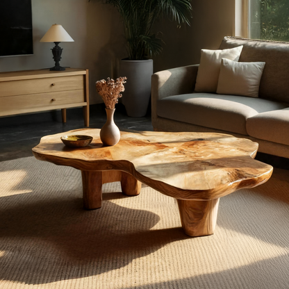 Freeform Live Edge Coffee Table with Sculptural Block Legs