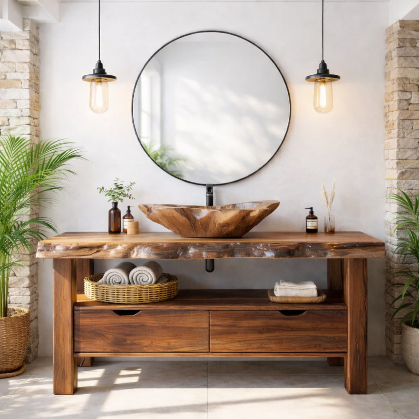 Solid Wood Bathroom Vanity with Live Edge Countertop and Open Shelf – Rustic Modern Bathroom Cabinet Kitchnce