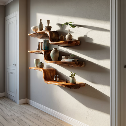 Natural Wood Floating Wall Shelf with Curved Layered Design