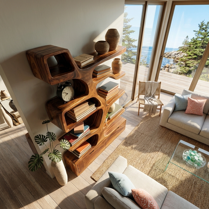 Contemporary Wooden Bookshelf Sculpted Design For Living Space Kitchnce