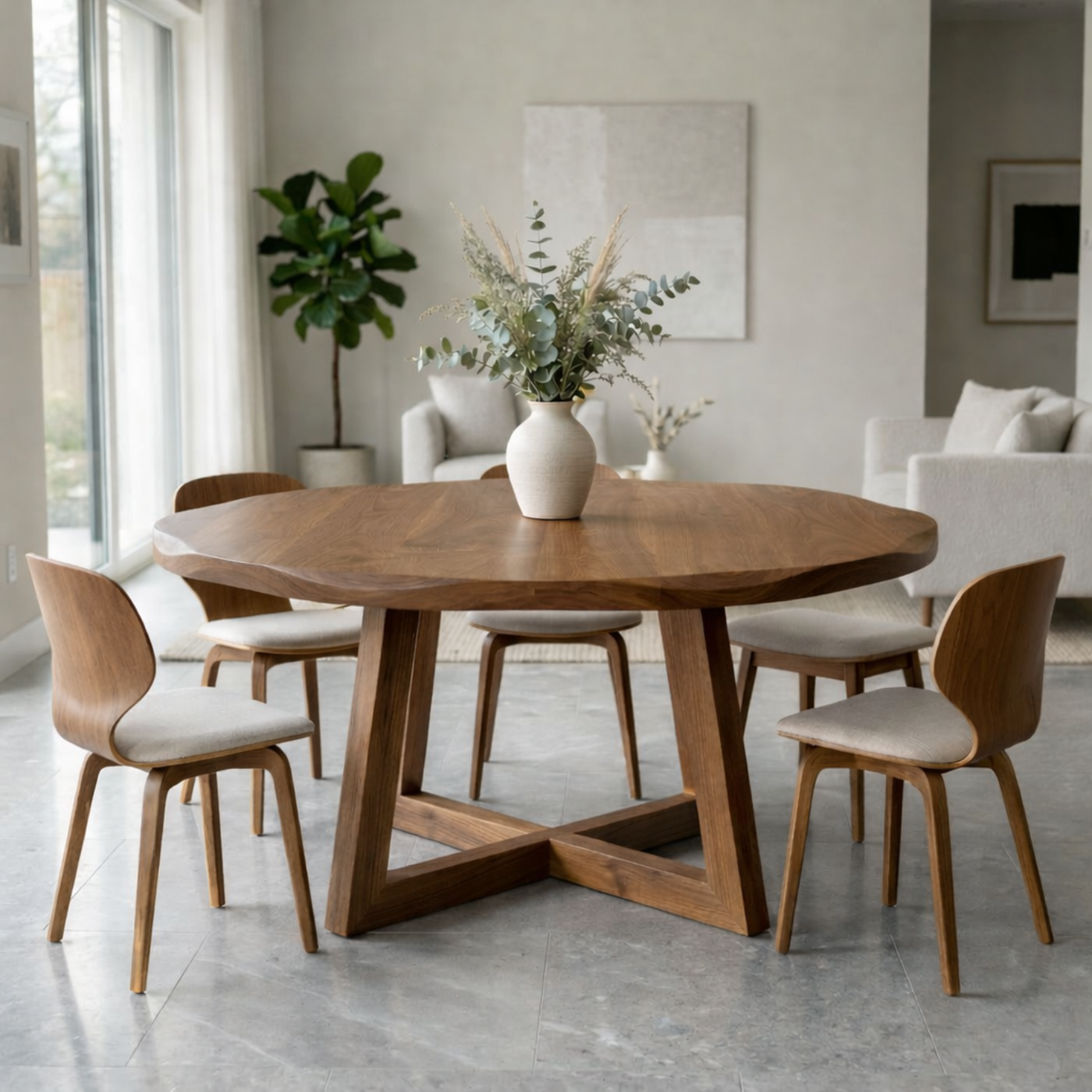 Round Solid Wood Dining Table for Dining Room with Sculptural Pedestal Base