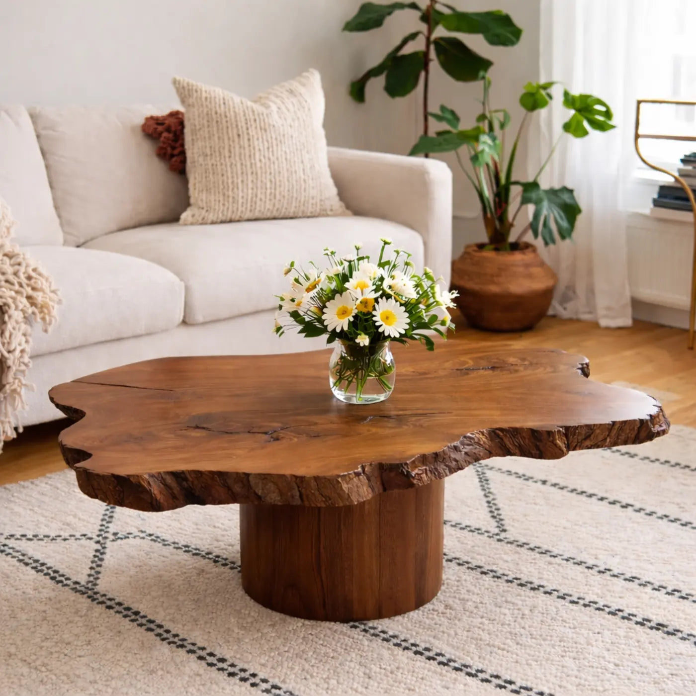 Live Edge Solid Wood Coffee Table for Living Room with Pedestal Base Kitchnce