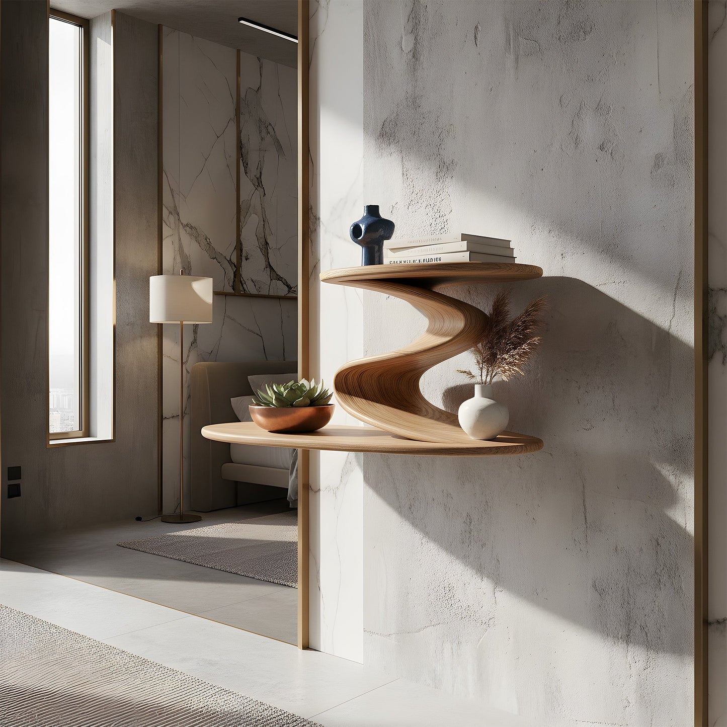 S-Shaped Sculptural Floating Wall Shelf with Dual Levels