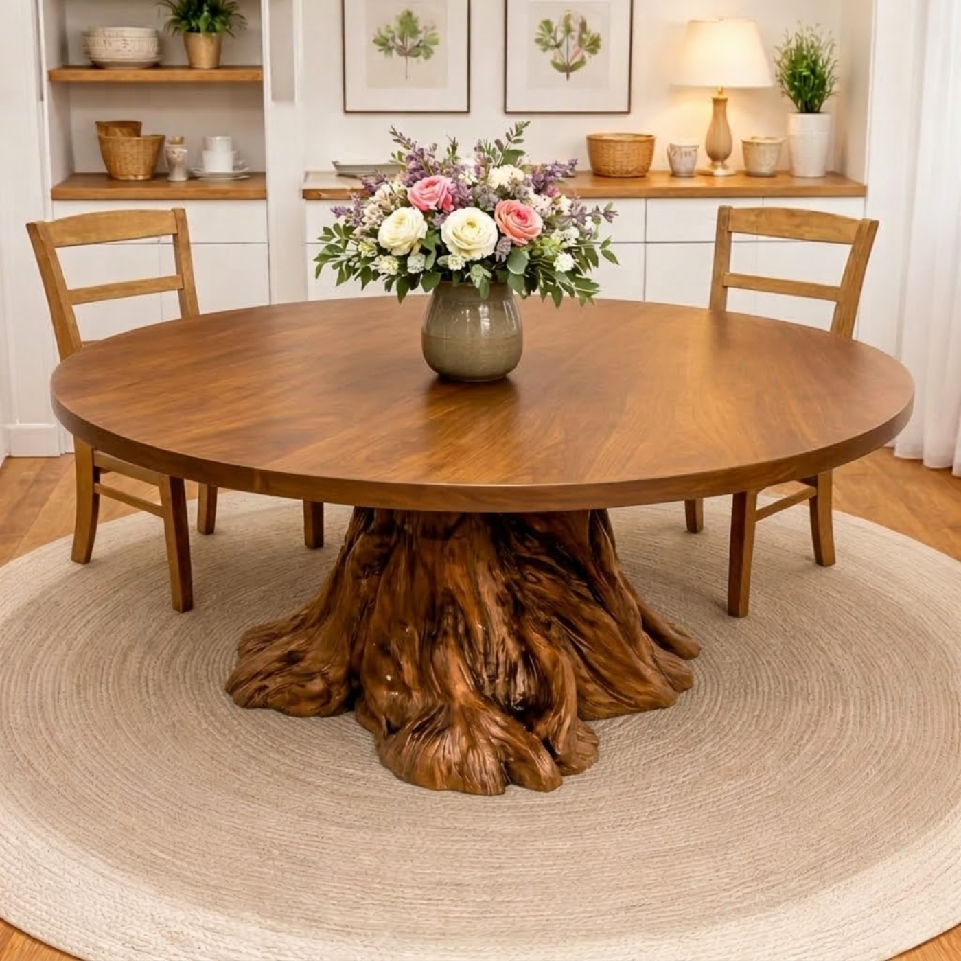 Round Solid Wood Dining Table with Natural Tree Stump Pedestal Base