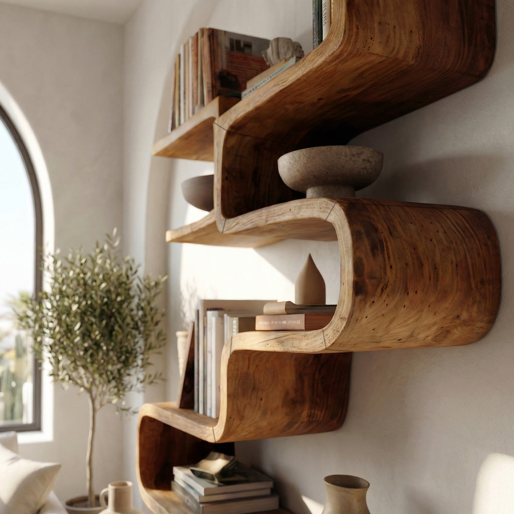 Scandinavian Sculptural Wooden Bookshelf With Organic Shape For Living Room Kitchnce