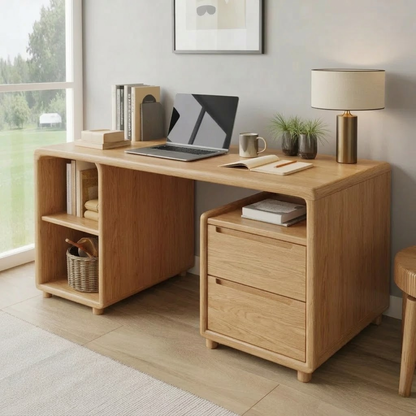 Modern Solid Wood Desk with Curved Edges and Integrated Storage Drawers