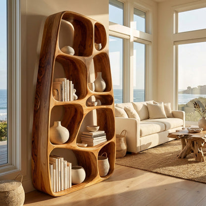 Handcrafted Wooden Sculptural Bookshelf For Living Room Kitchnce