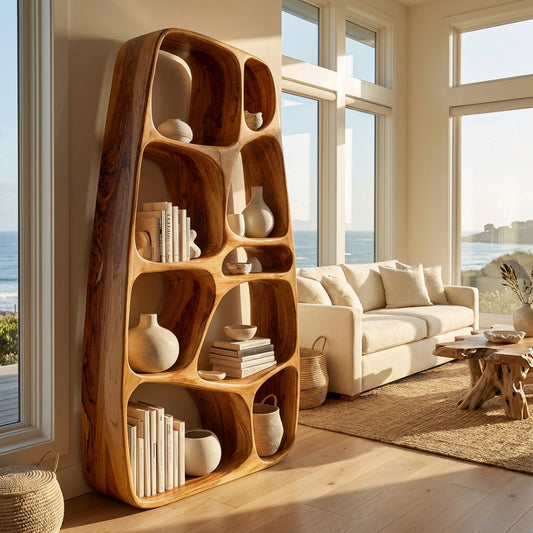 Handcrafted Wooden Sculptural Bookshelf For Living Room Kitchnce