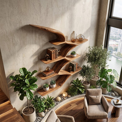 Wing Form Wood Wall Shelf With Curved Open Display