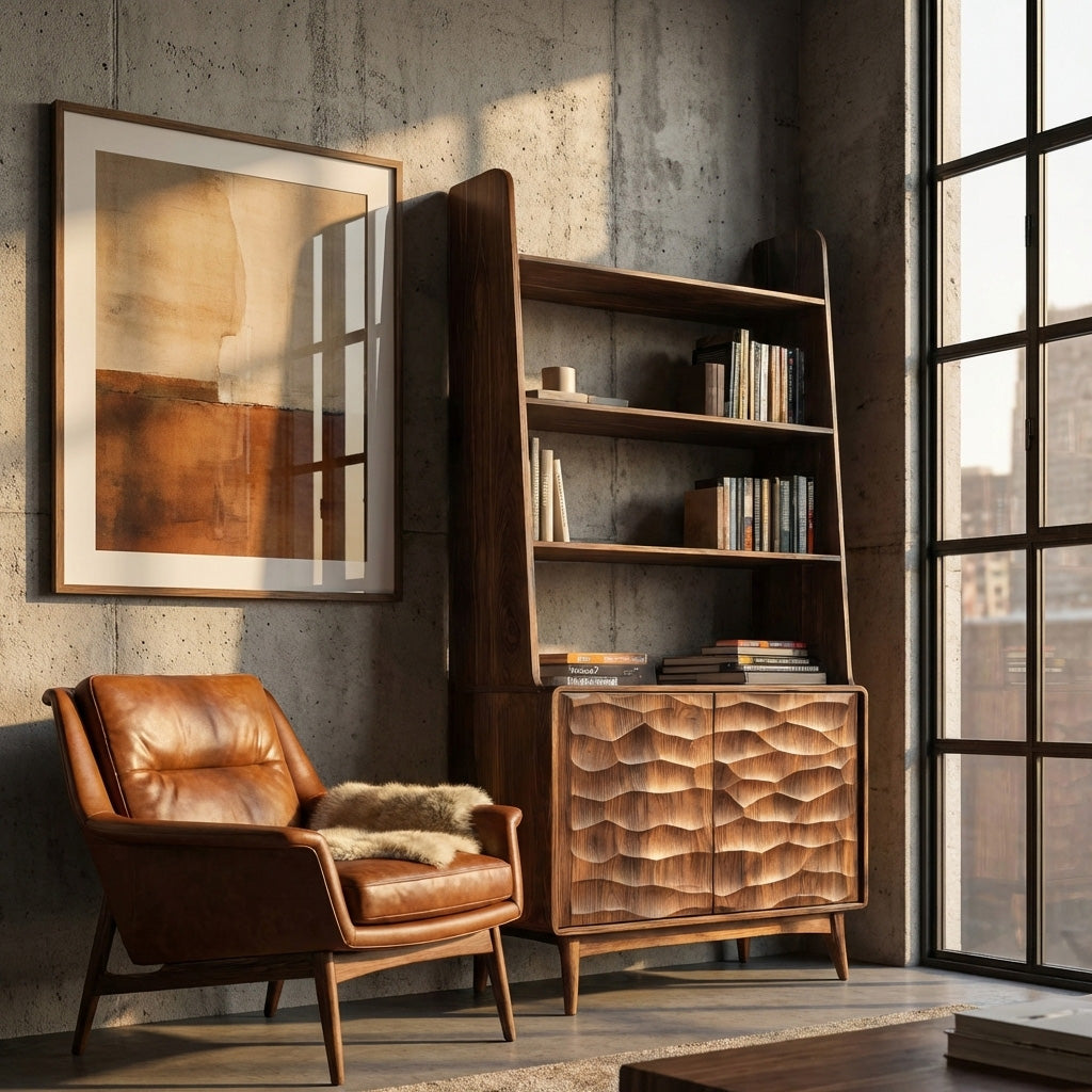 Modern Bookshelf With Carved Wave Cabinet Doors For Home Kitchnce