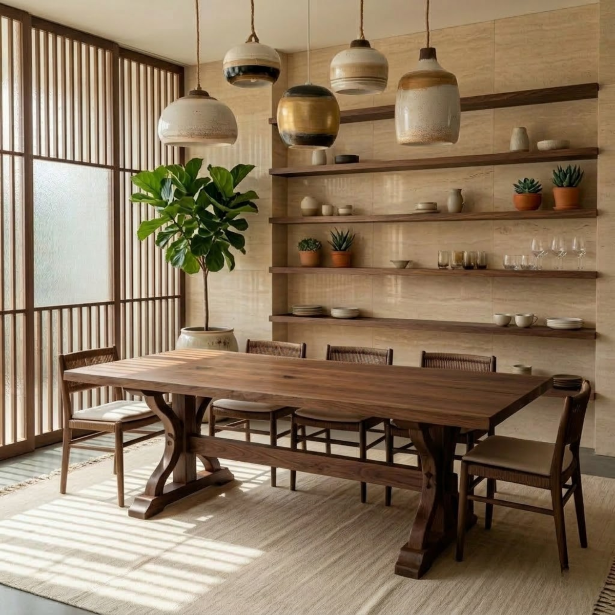 Solid Wood Dining Table for Dining Room with Sculpted Trestle Base