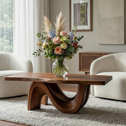 Solid Wood Coffee Table for Modern Living Room with Sculptural Curved Base