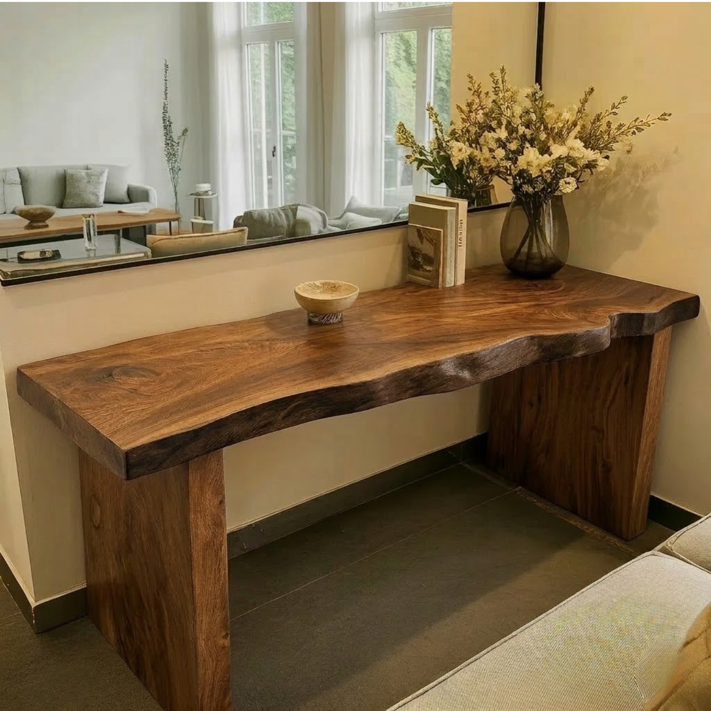 Solid Wood Console Table with Live Edge Top and Simple Block Base