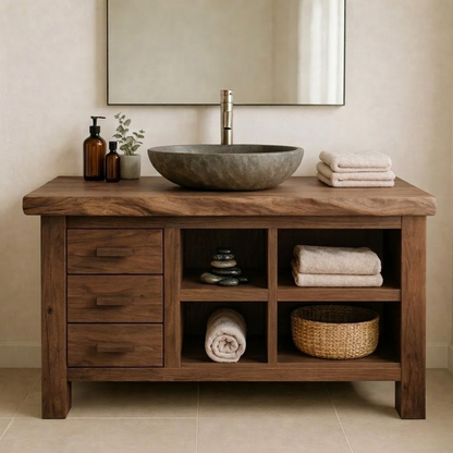 Solid Wood Bathroom Vanity with Live Edge Top and Open Shelves