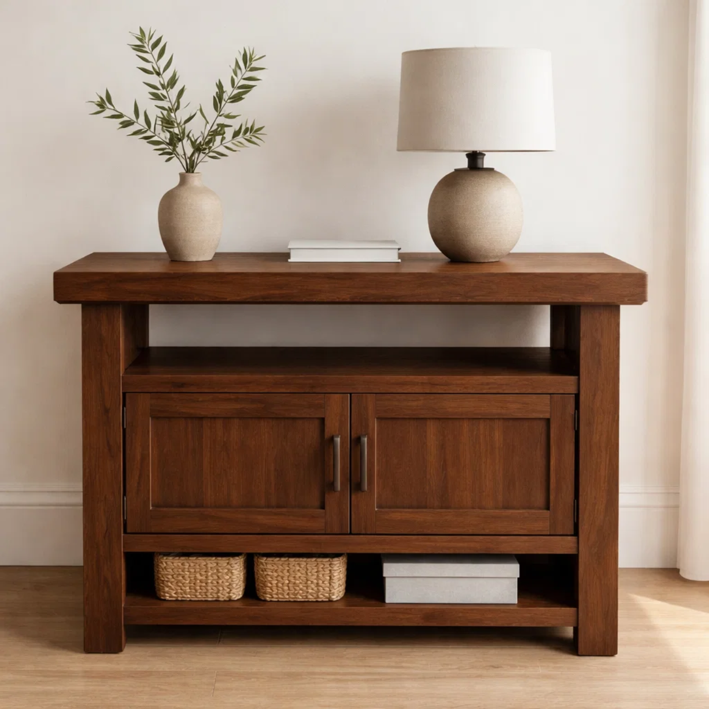 Solid Wood Console Table with Storage and Open Shelf