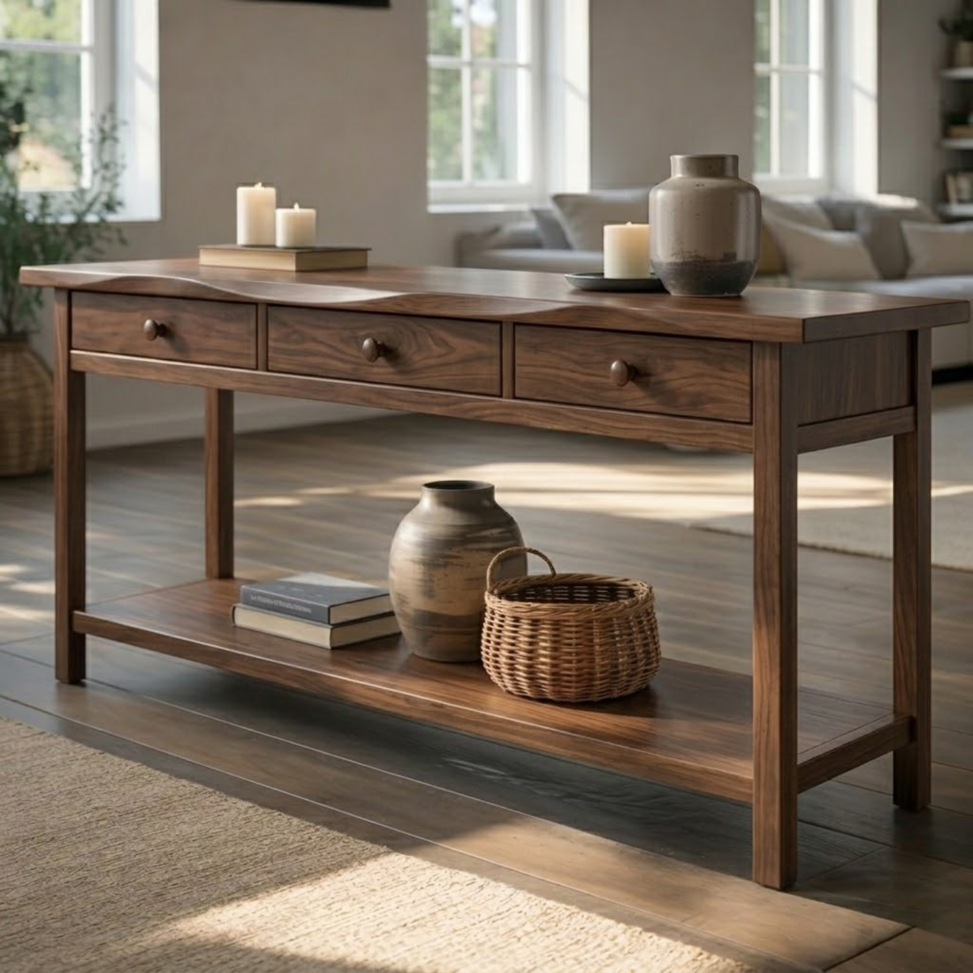 Solid Wood Console Table with 3 Drawers & Lower Shelf