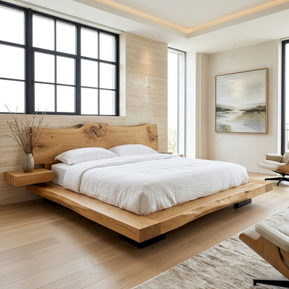 Organic Modern Platform Bed Frame with Floating Nightstands, Minimalist Design Style