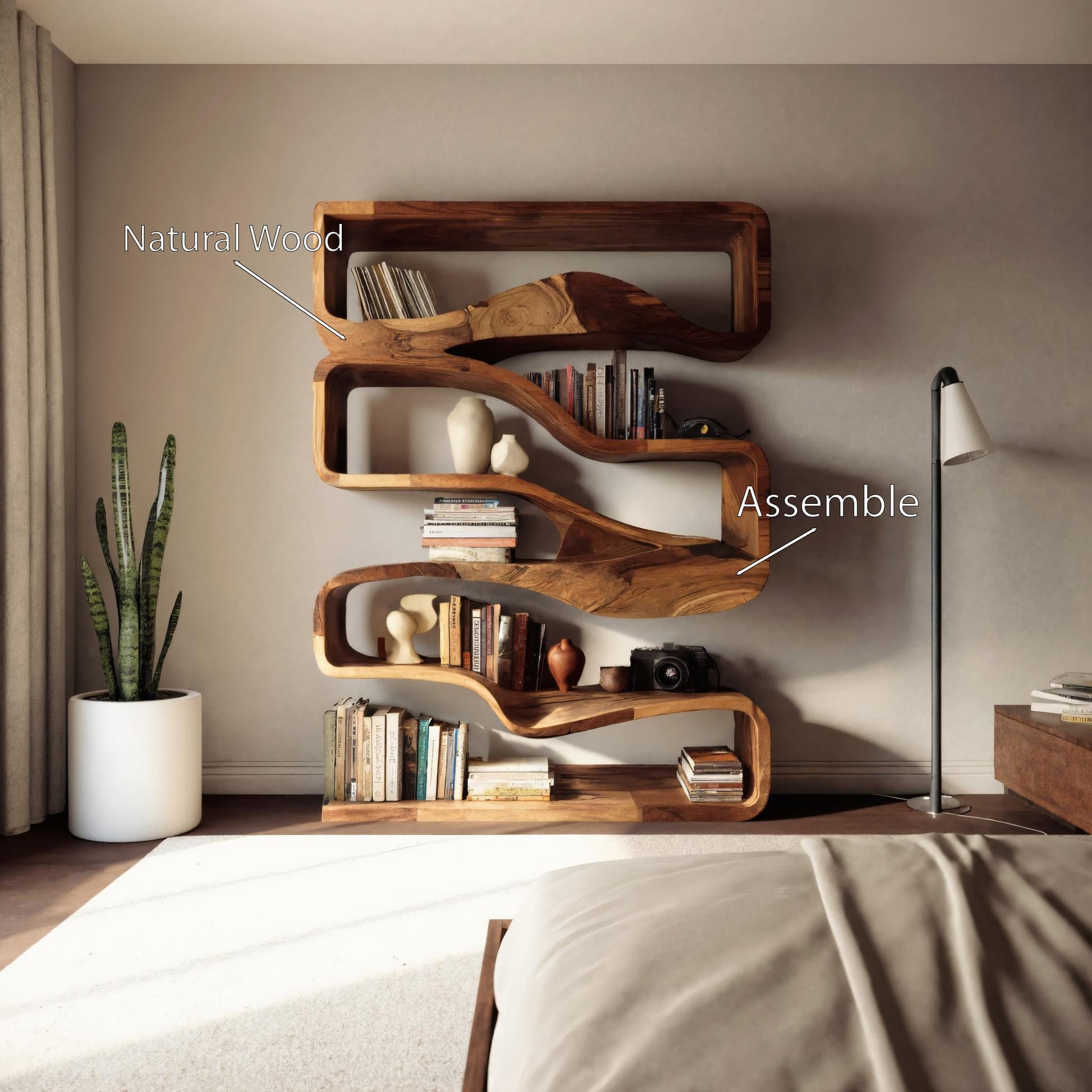 Modern Curved Bookshelf With Flowing Design For Bedroom Kitchnce