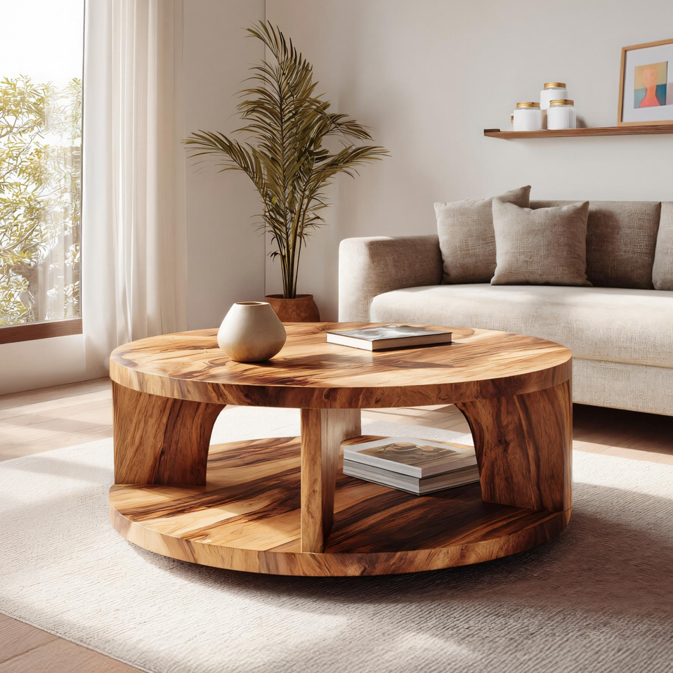 Round Solid Wood Coffee Table with Open Shelf Storage