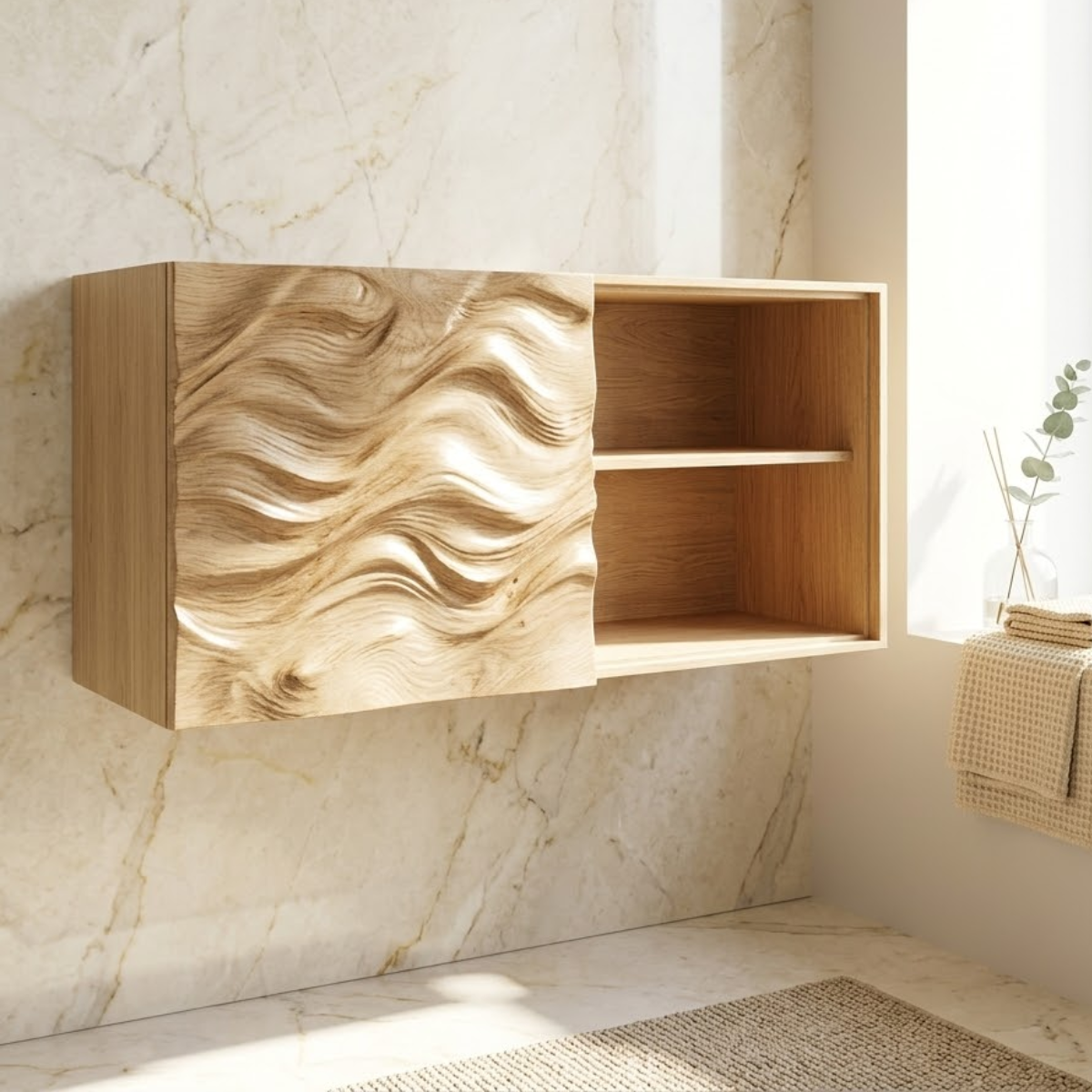 Floating Bathroom Cabinet, Modern Wavy Wall Mounted Vanity Storage Shelf Organizer