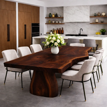 Solid Wood Live Edge Dining Table with Sculptural Pedestal Base – Modern Kitchen Table