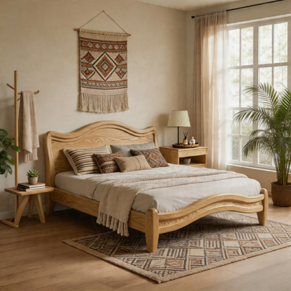 Modern Solid Wood Platform Bed with Curved Design