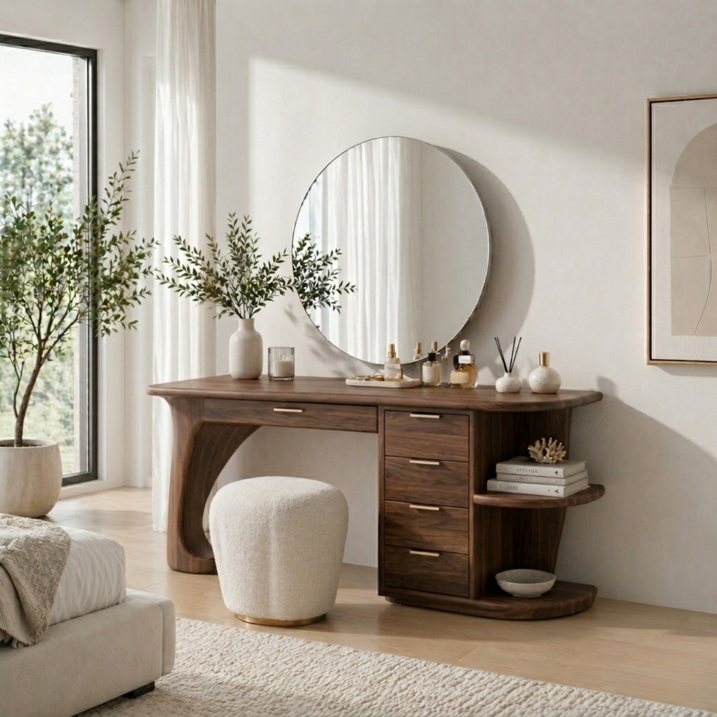 Solid Wood Makeup Vanity Desk with Curved Base and Multi Drawer Storage