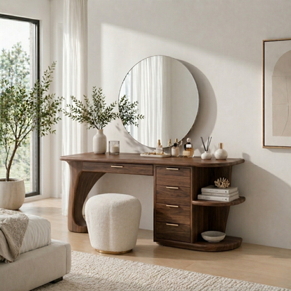 Solid Wood Makeup Vanity Desk with Curved Base and Multi Drawer Storage