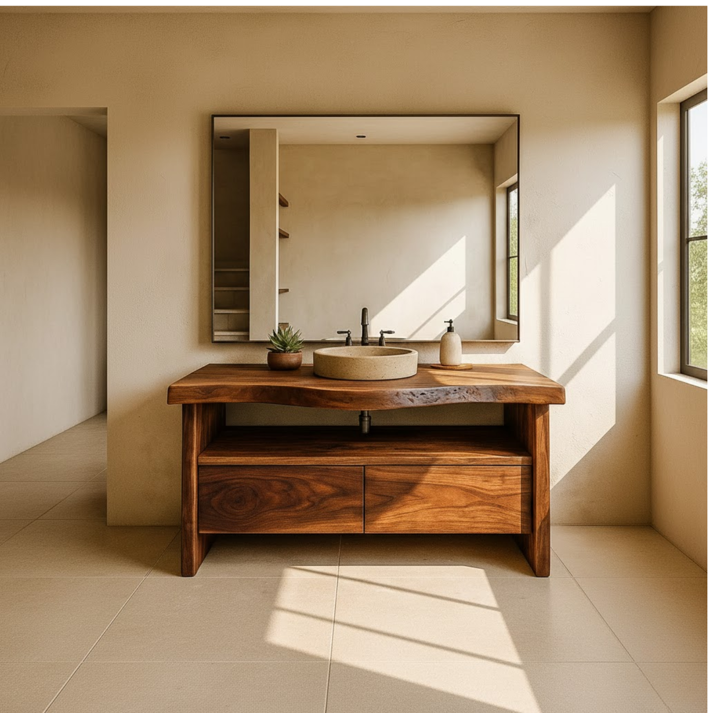 Handcrafted Solid Wood Bathroom Vanity with Live-Edge Walnut Top and Modern Storage Drawers Kitchnce