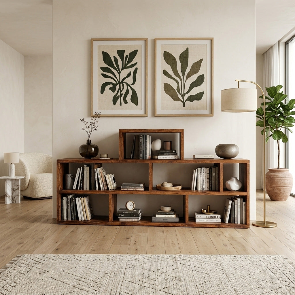 Handcrafted Wooden Bookshelf With Multi Storage For Living Space Kitchnce