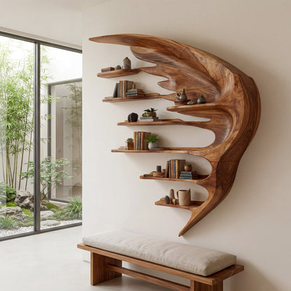 Wing Form Wood Wall Shelf With Open Display